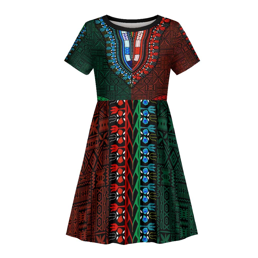 Green-red Dashiki and Tapa Pattern Kid Short Sleeve Dress Africa-Polynesia Together Culture
