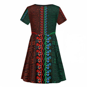 Green-red Dashiki and Tapa Pattern Kid Short Sleeve Dress Africa-Polynesia Together Culture