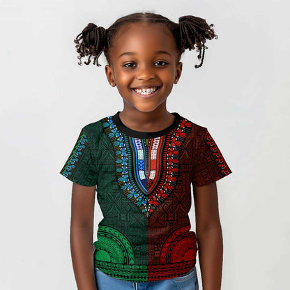 Green-red Dashiki and Tapa Pattern Kid T shirt Africa-Polynesia Together Culture