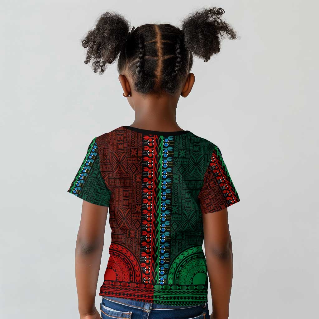 Green-red Dashiki and Tapa Pattern Kid T shirt Africa-Polynesia Together Culture