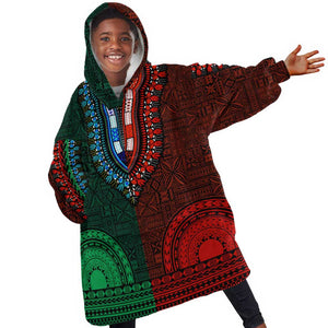 Green-red Dashiki and Tapa Pattern Kid Wearable Blanket Hoodie Africa-Polynesia Together Culture