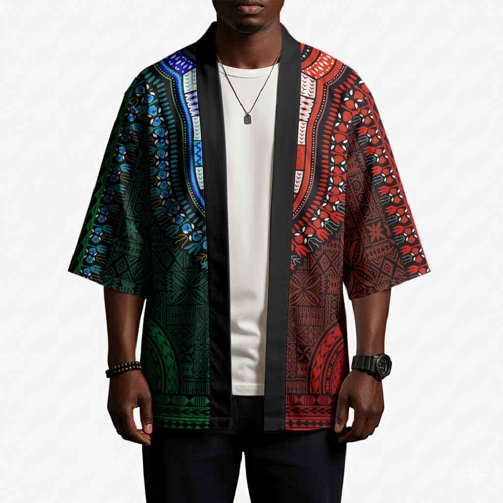 Green-red Dashiki and Tapa Pattern Kimono Africa-Polynesia Together Culture