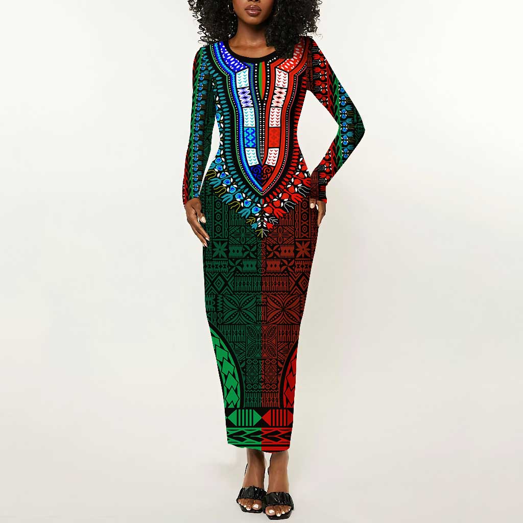 Green-red Dashiki and Tapa Pattern Long Sleeve Bodycon Dress Africa-Polynesia Together Culture LT9