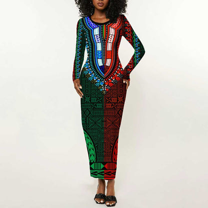 Green-red Dashiki and Tapa Pattern Long Sleeve Bodycon Dress Africa-Polynesia Together Culture LT9