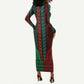 Green-red Dashiki and Tapa Pattern Long Sleeve Bodycon Dress Africa-Polynesia Together Culture LT9