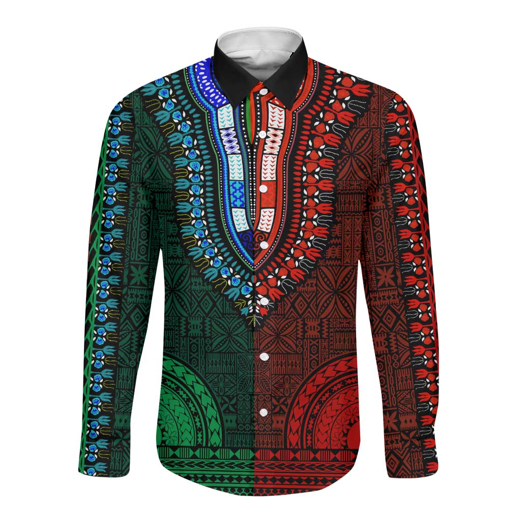Green-red Dashiki and Tapa Pattern Long Sleeve Button Shirt Africa-Polynesia Together Culture
