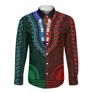 Green-red Dashiki and Tapa Pattern Long Sleeve Button Shirt Africa-Polynesia Together Culture