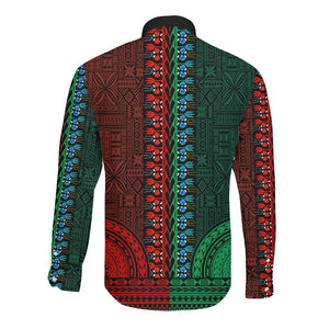 Green-red Dashiki and Tapa Pattern Long Sleeve Button Shirt Africa-Polynesia Together Culture