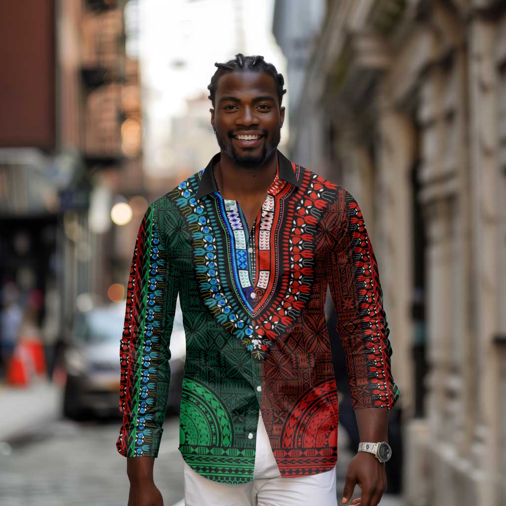 Green-red Dashiki and Tapa Pattern Long Sleeve Button Shirt Africa-Polynesia Together Culture