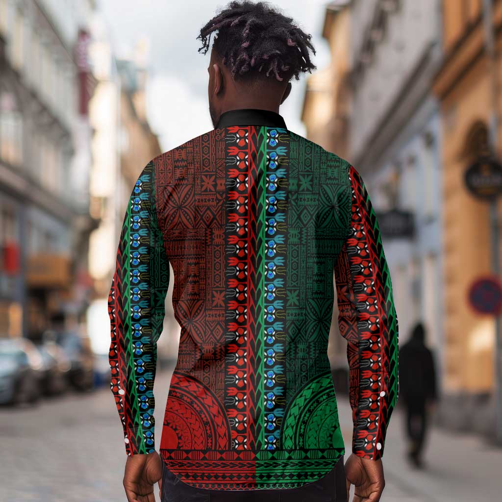 Green-red Dashiki and Tapa Pattern Long Sleeve Button Shirt Africa-Polynesia Together Culture