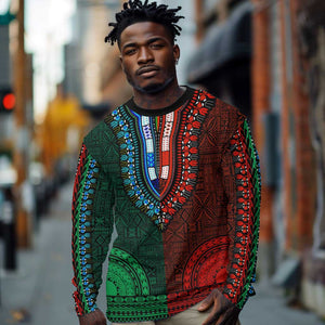 Green-red Dashiki and Tapa Pattern Long Sleeve Shirt Africa-Polynesia Together Culture