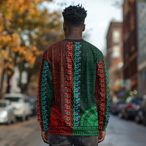 Green-red Dashiki and Tapa Pattern Long Sleeve Shirt Africa-Polynesia Together Culture