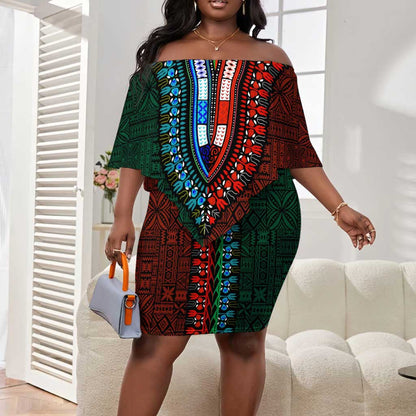 Green-red Dashiki and Tapa Pattern Off Shoulder Short Dress Africa-Polynesia Together Culture