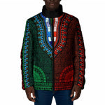 Green-red Dashiki and Tapa Pattern Padded Jacket Africa-Polynesia Together Culture