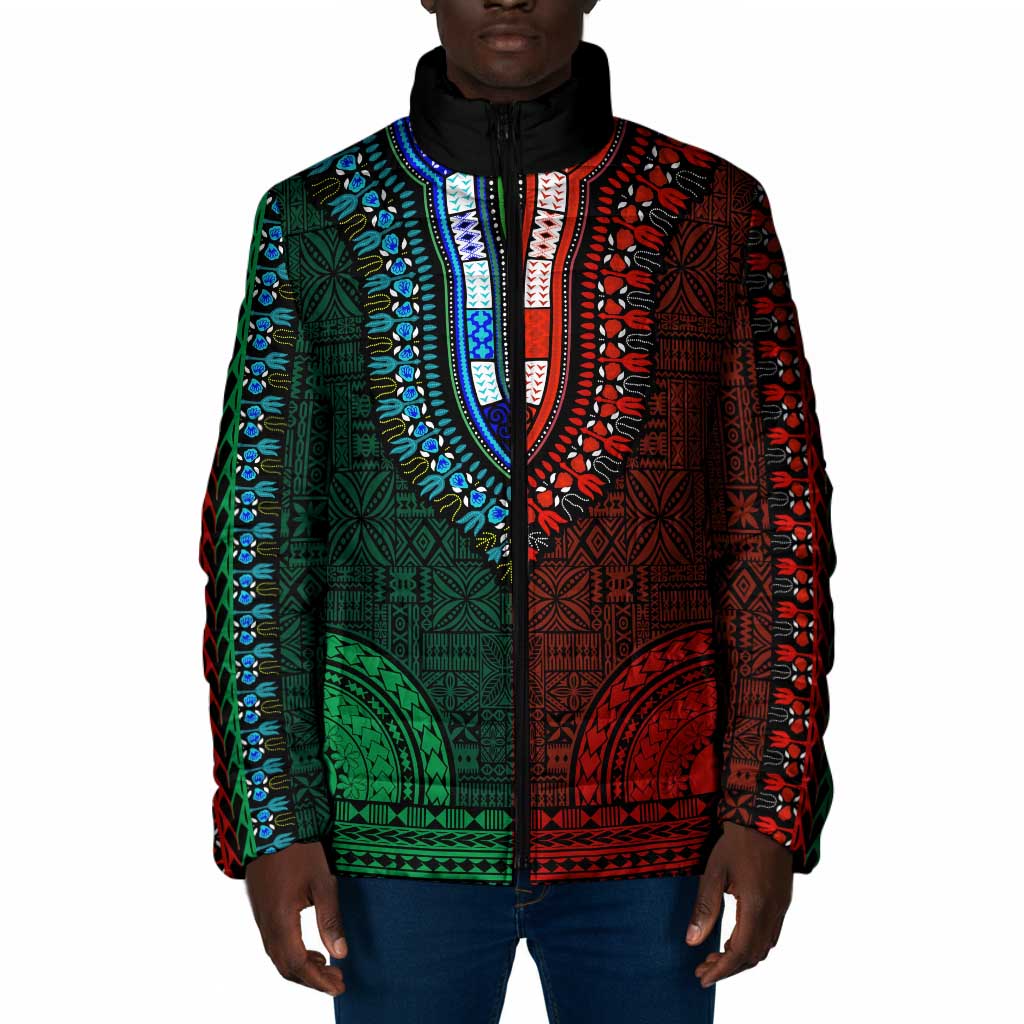 Green-red Dashiki and Tapa Pattern Padded Jacket Africa-Polynesia Together Culture