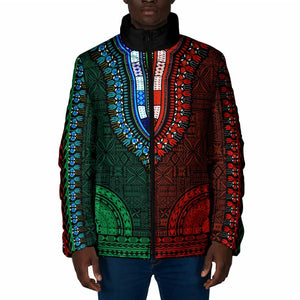 Green-red Dashiki and Tapa Pattern Padded Jacket Africa-Polynesia Together Culture