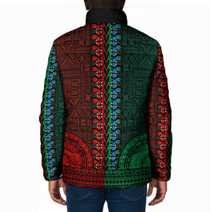 Green-red Dashiki and Tapa Pattern Padded Jacket Africa-Polynesia Together Culture