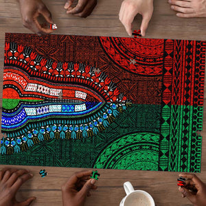 Green-red Dashiki and Tapa Pattern Puzzle Africa-Polynesia Together Culture