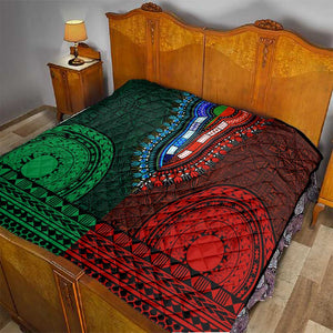 Green-red Dashiki and Tapa Pattern Quilt Africa-Polynesia Together Culture