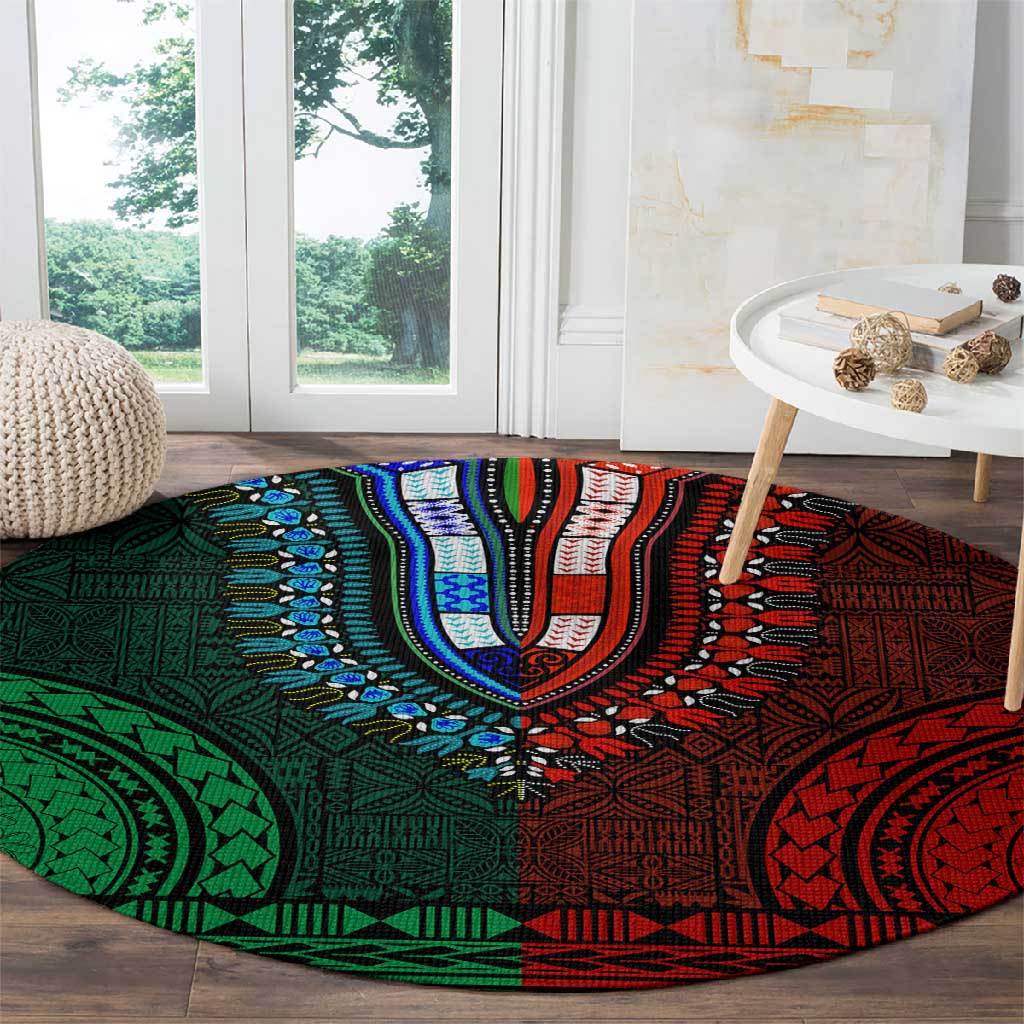 Green-red Dashiki and Tapa Pattern Round Carpet Africa-Polynesia Together Culture