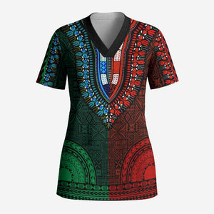 Green-red Dashiki and Tapa Pattern Scrub Top Africa-Polynesia Together Culture