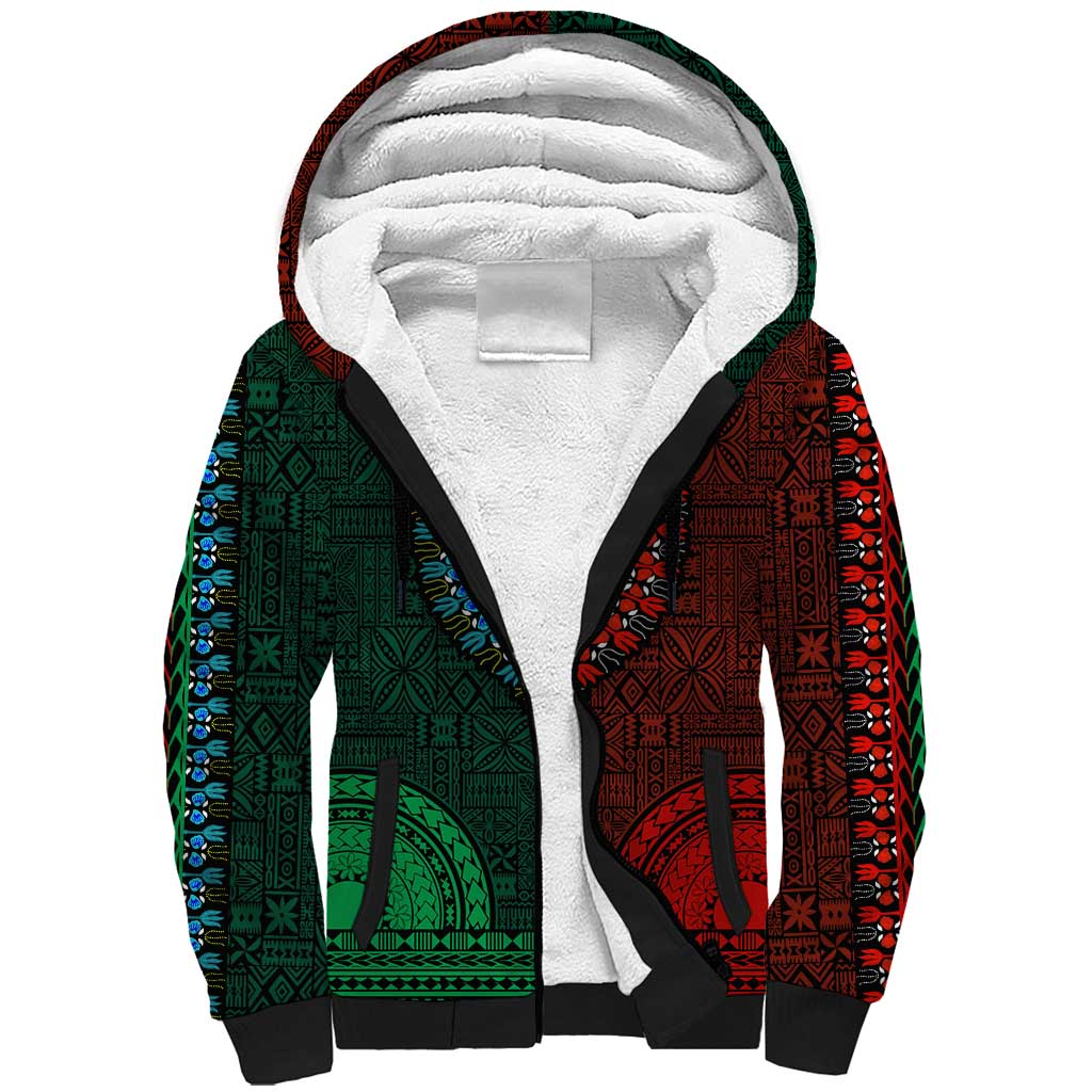Green-red Dashiki and Tapa Pattern Sherpa Hoodie Africa-Polynesia Together Culture