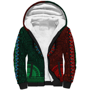 Green-red Dashiki and Tapa Pattern Sherpa Hoodie Africa-Polynesia Together Culture