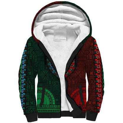 Green-red Dashiki and Tapa Pattern Sherpa Hoodie Africa-Polynesia Together Culture