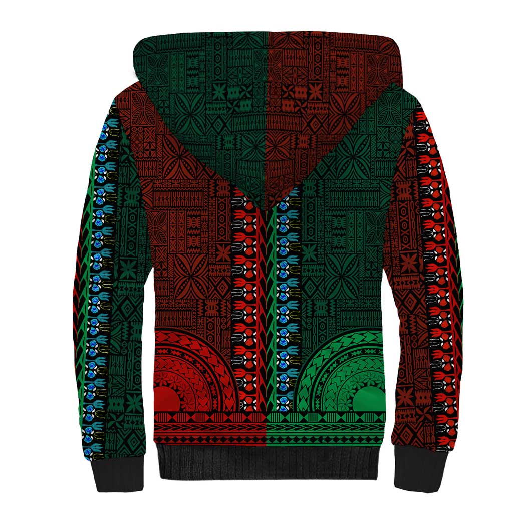 Green-red Dashiki and Tapa Pattern Sherpa Hoodie Africa-Polynesia Together Culture