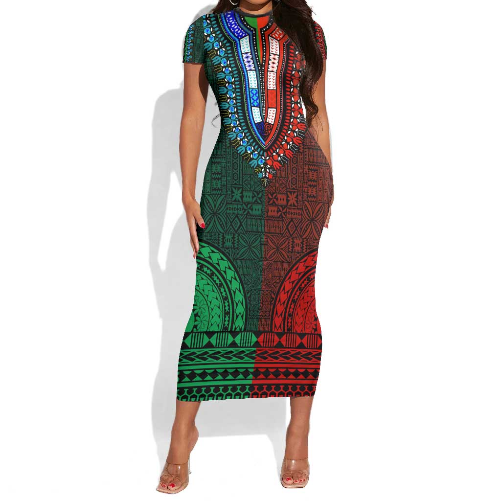 Green-red Dashiki and Tapa Pattern Short Sleeve Bodycon Dress Africa-Polynesia Together Culture LT9