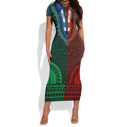 Green-red Dashiki and Tapa Pattern Short Sleeve Bodycon Dress Africa-Polynesia Together Culture LT9