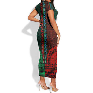 Green-red Dashiki and Tapa Pattern Short Sleeve Bodycon Dress Africa-Polynesia Together Culture LT9
