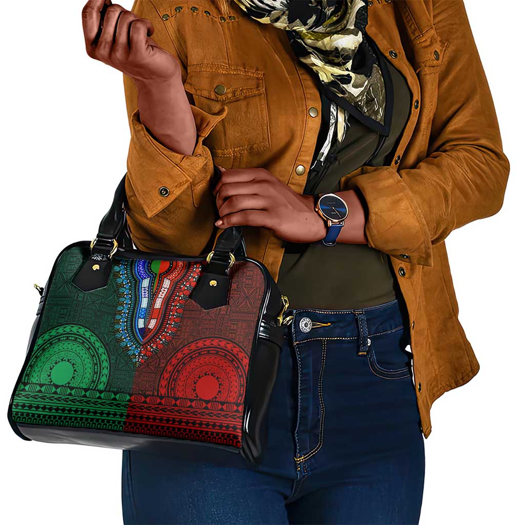 Green-red Dashiki and Tapa Pattern Shoulder Handbag Africa-Polynesia Together Culture