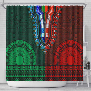 Green-red Dashiki and Tapa Pattern Shower Curtain Africa-Polynesia Together Culture