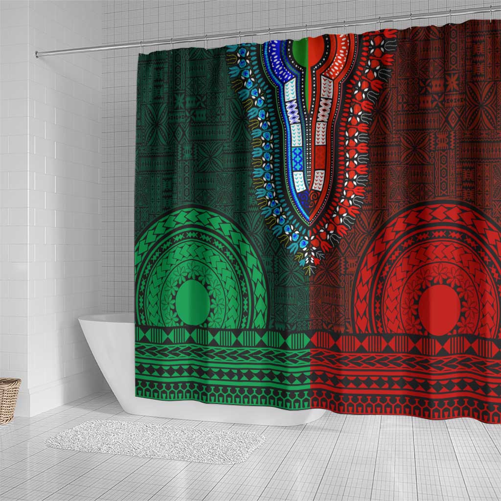 Green-red Dashiki and Tapa Pattern Shower Curtain Africa-Polynesia Together Culture
