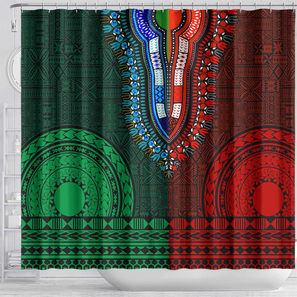 Green-red Dashiki and Tapa Pattern Shower Curtain Africa-Polynesia Together Culture