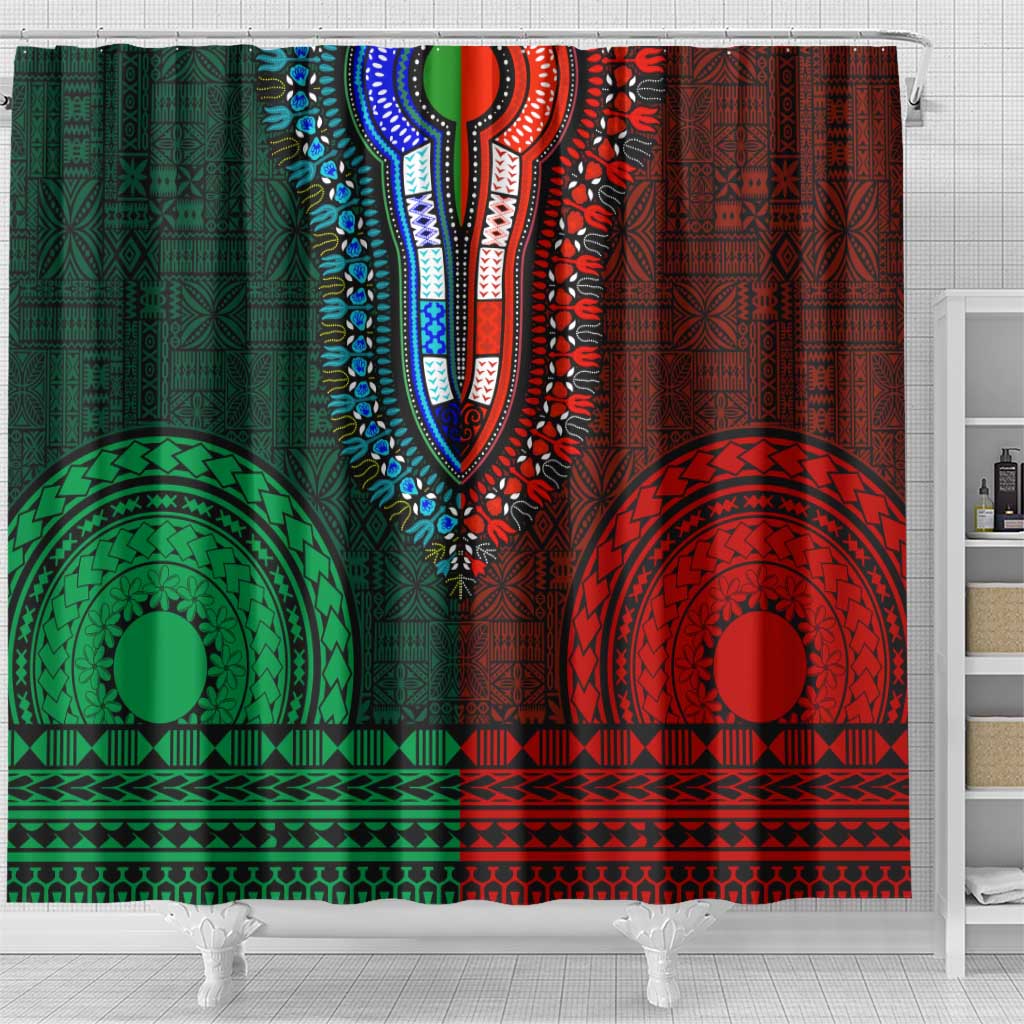 Green-red Dashiki and Tapa Pattern Shower Curtain Africa-Polynesia Together Culture