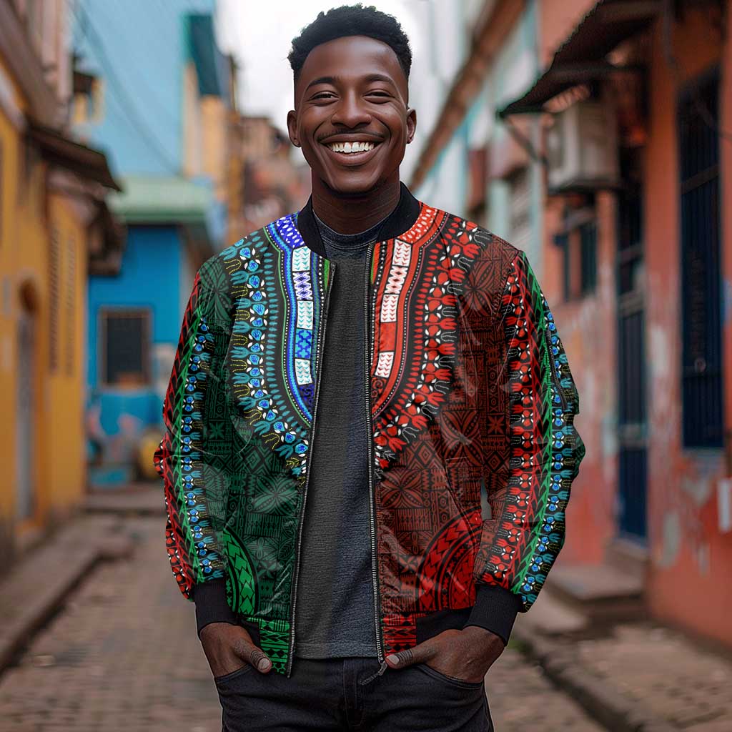 Green-red Dashiki and Tapa Pattern Sleeve Zip Bomber Jacket Africa-Polynesia Together Culture