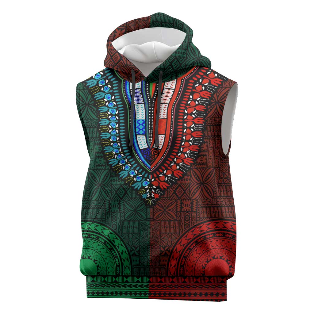 Green-red Dashiki and Tapa Pattern Sleeveless Hoodie Africa-Polynesia Together Culture - African Pride