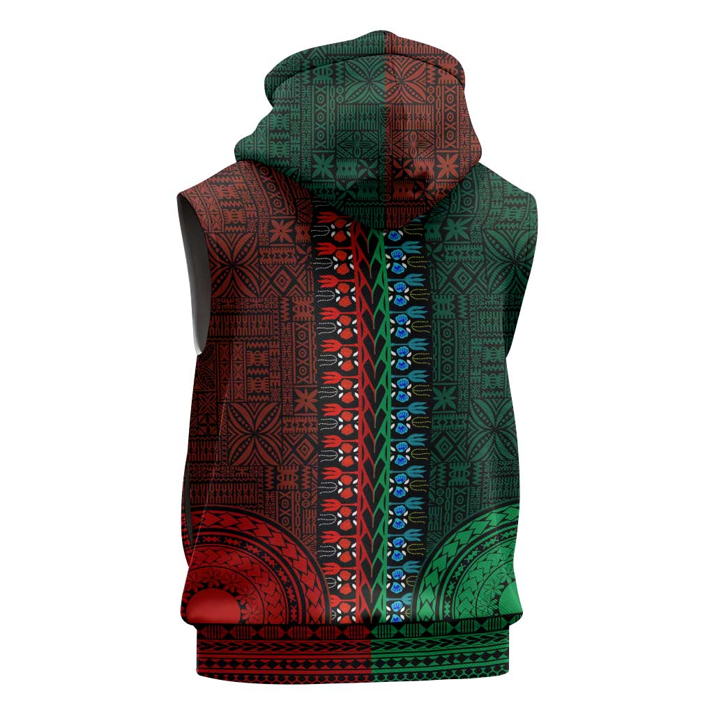 Green-red Dashiki and Tapa Pattern Sleeveless Hoodie Africa-Polynesia Together Culture - African Pride