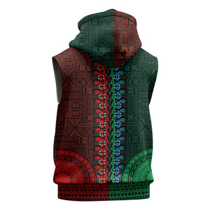 Green-red Dashiki and Tapa Pattern Sleeveless Hoodie Africa-Polynesia Together Culture - African Pride