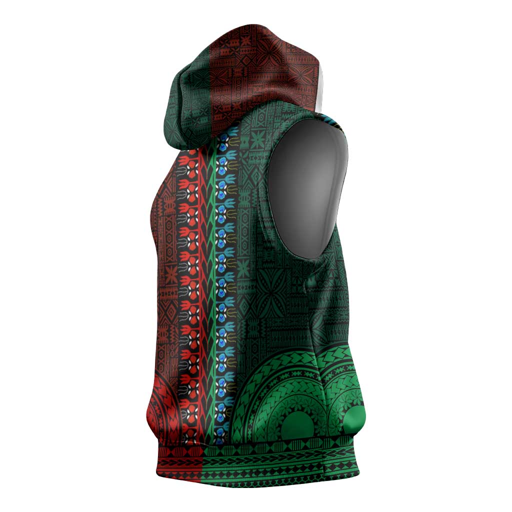 Green-red Dashiki and Tapa Pattern Sleeveless Hoodie Africa-Polynesia Together Culture - African Pride
