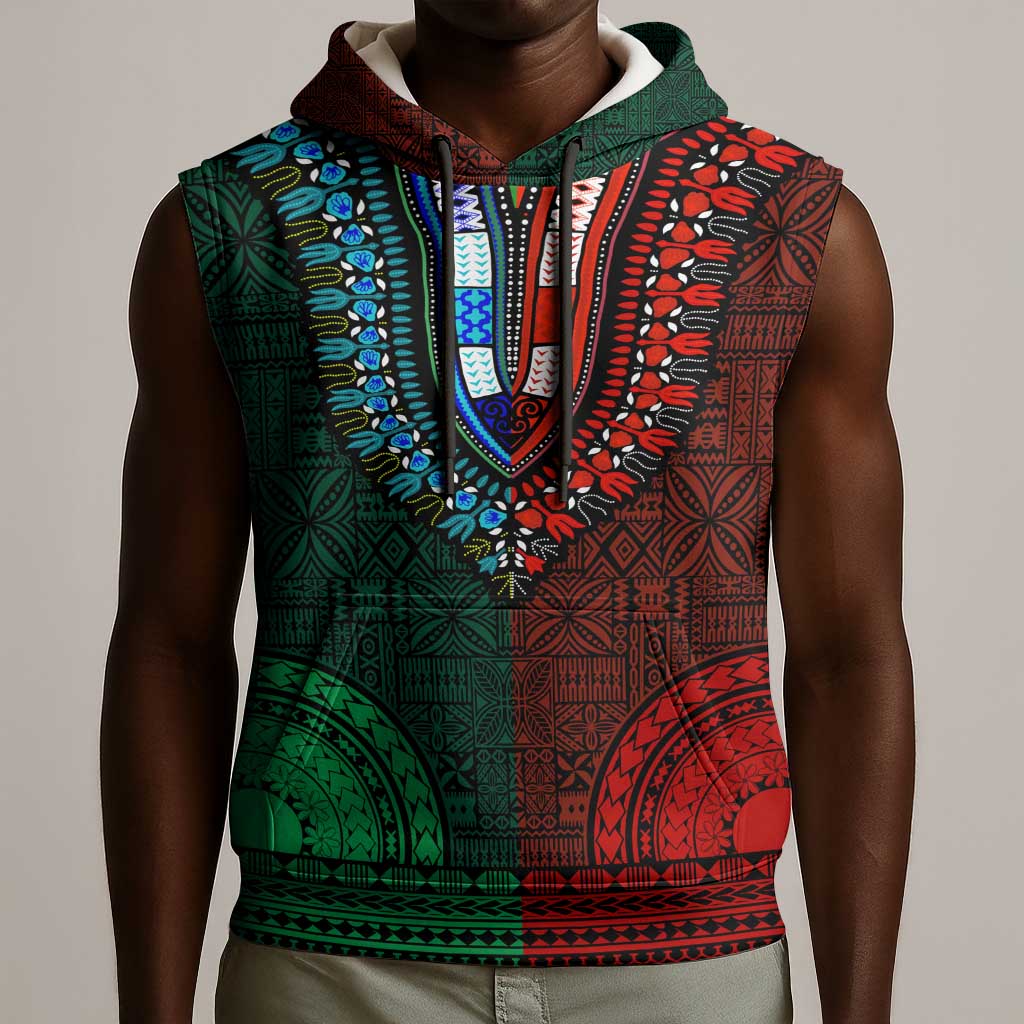Green-red Dashiki and Tapa Pattern Sleeveless Hoodie Africa-Polynesia Together Culture - African Pride