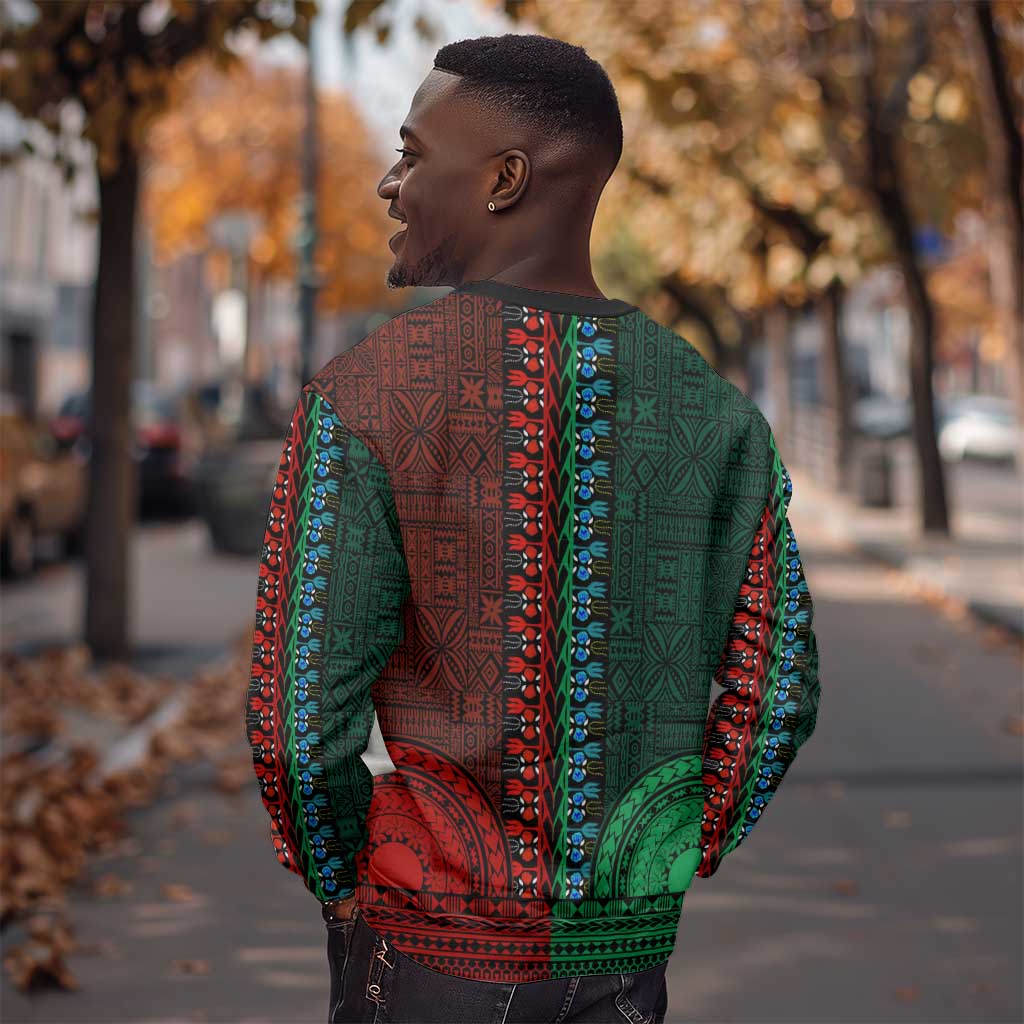Green-red Dashiki and Tapa Pattern Sweatshirt Africa-Polynesia Together Culture