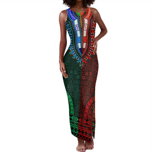 Green-red Dashiki and Tapa Pattern Tank Maxi Dress Africa-Polynesia Together Culture