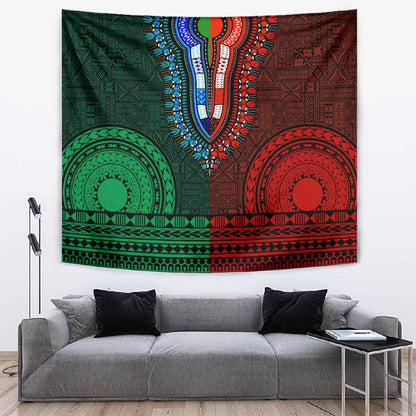 Green-red Dashiki and Tapa Pattern Tapestry Africa-Polynesia Together Culture