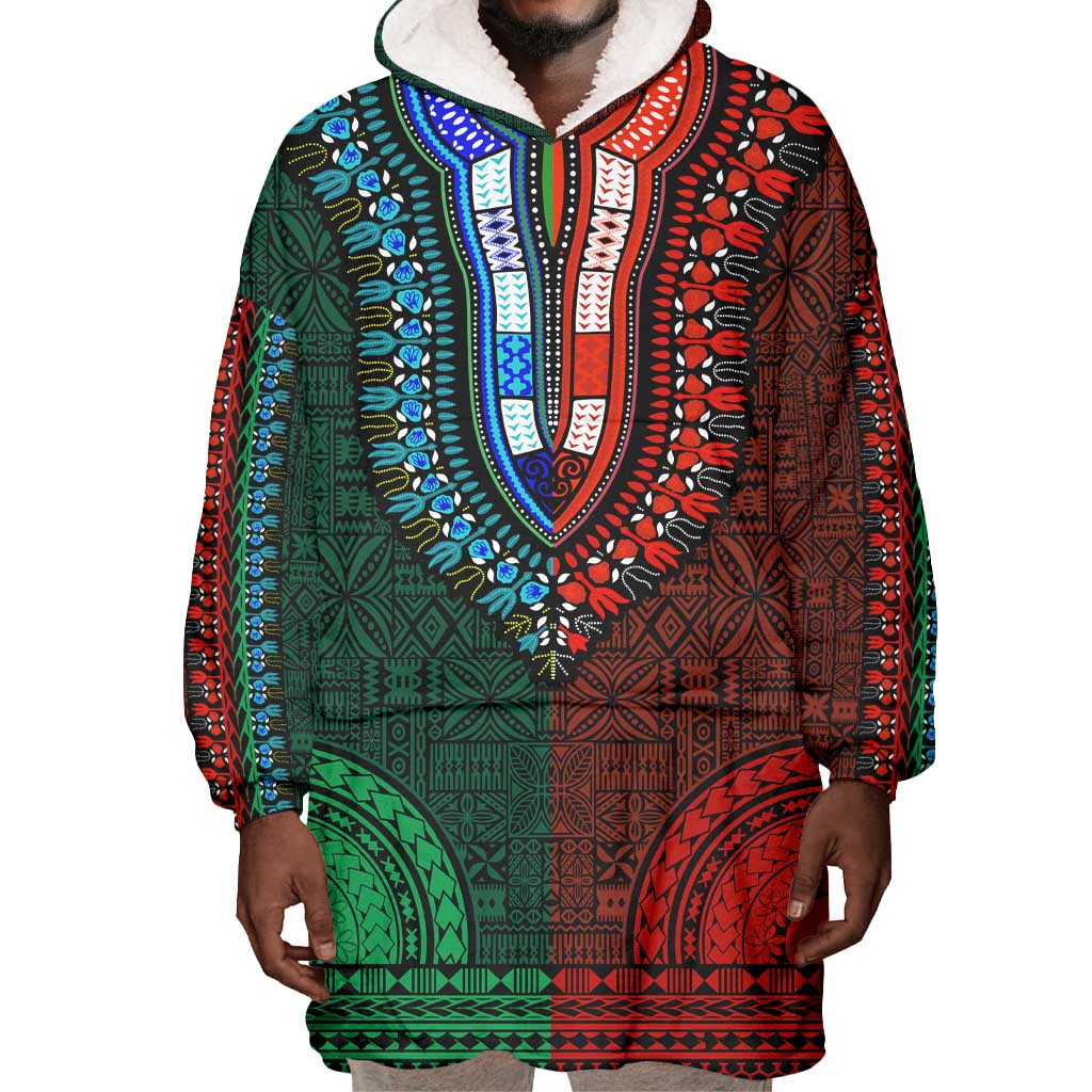 Green-red Dashiki and Tapa Pattern Wearable Blanket Hoodie Africa-Polynesia Together Culture