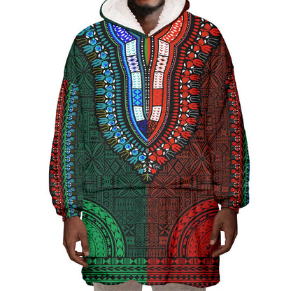 Green-red Dashiki and Tapa Pattern Wearable Blanket Hoodie Africa-Polynesia Together Culture