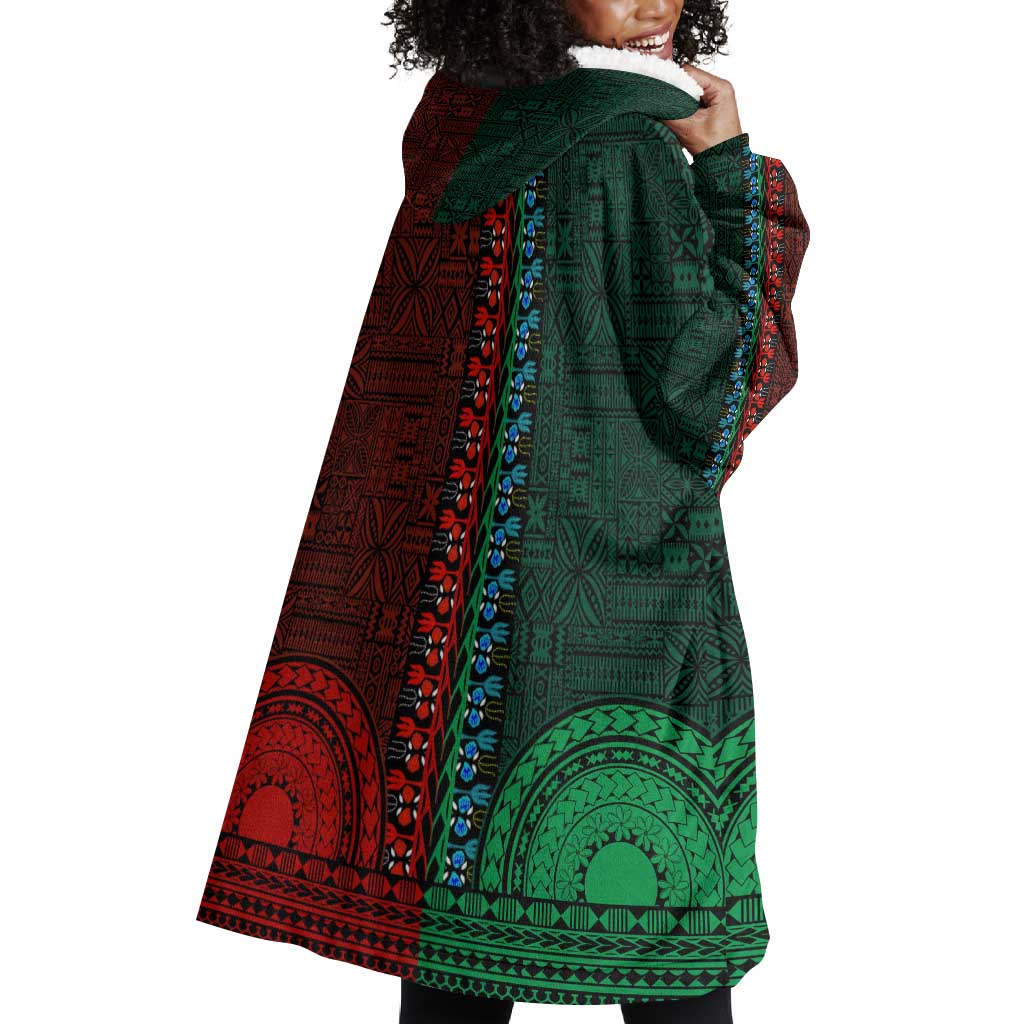 Green-red Dashiki and Tapa Pattern Wearable Blanket Hoodie Africa-Polynesia Together Culture