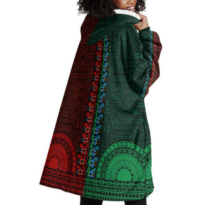 Green-red Dashiki and Tapa Pattern Wearable Blanket Hoodie Africa-Polynesia Together Culture